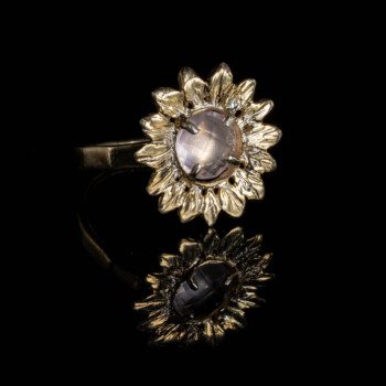 anello-argento-dorato-girasole-fiore-toscana-pietra-rosa-quarzo-ajtuscany